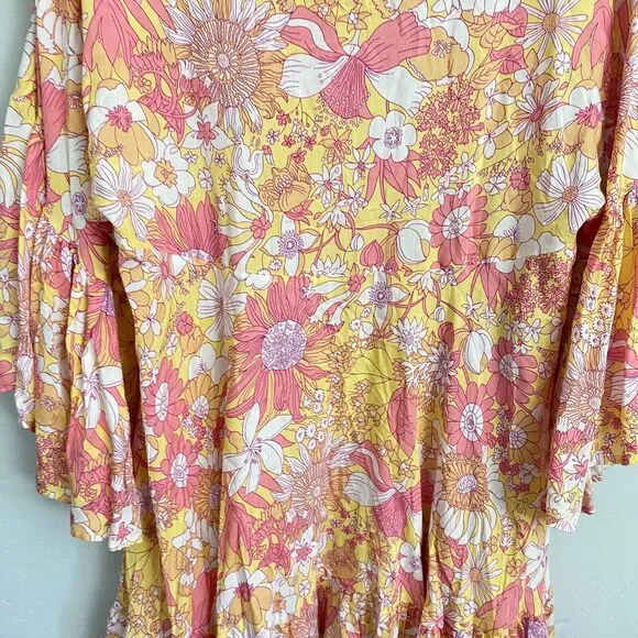 Label of Love Mini Dress Women Size Medium Pink Floral Babydoll Bell Sleeves New - Picture 14 of 16